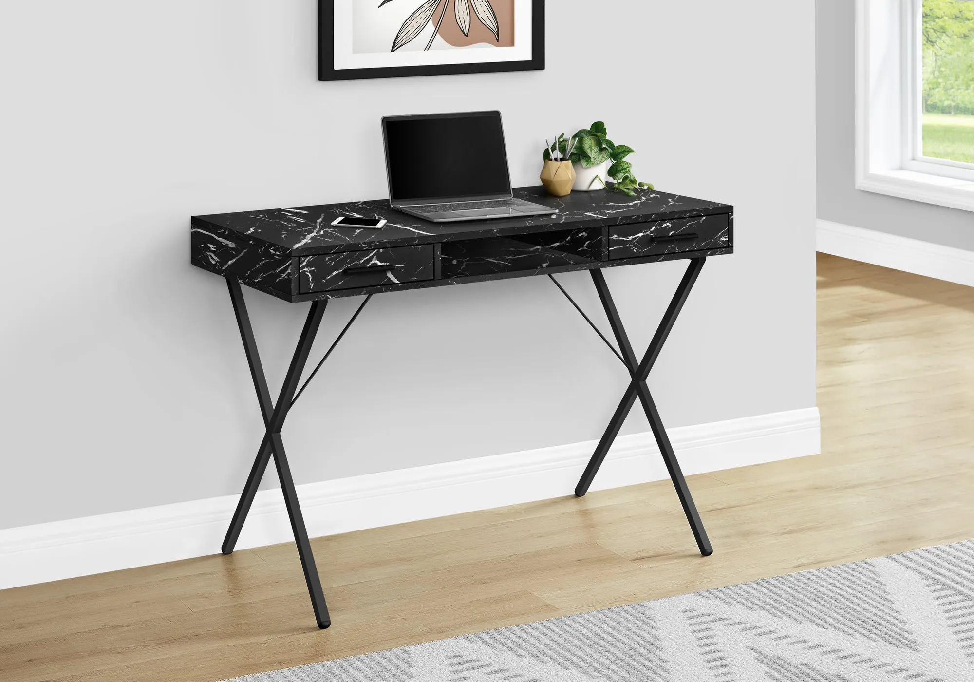 Computer Desk - 42"L / Black Marble / Black Metal