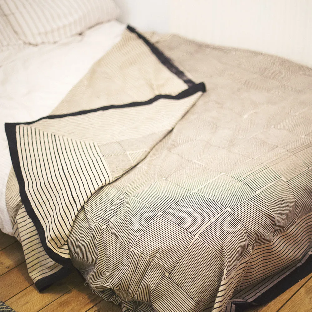 cream & black striped squares block print throw