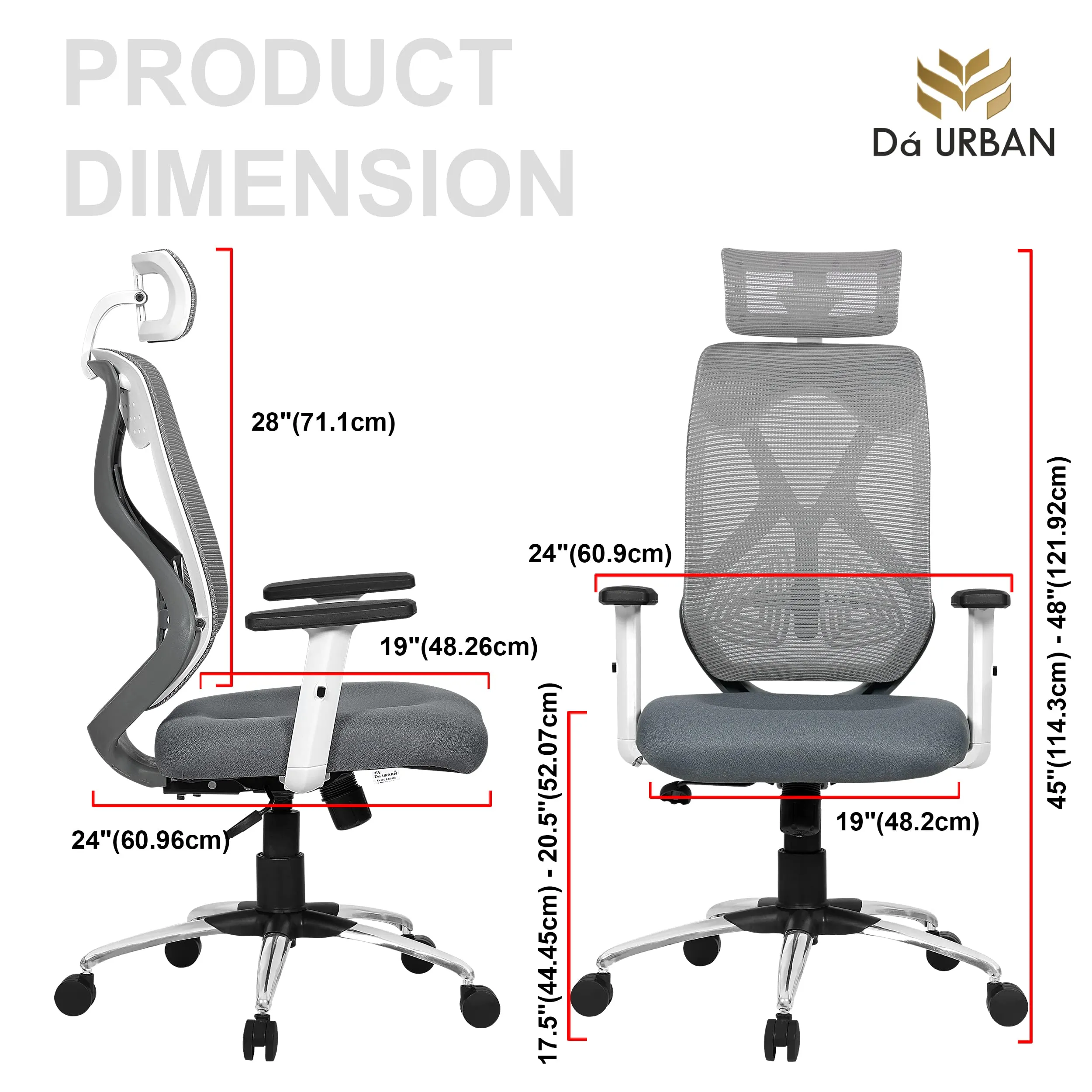 Da URBAN® Merlion Office Chair,High Back Mesh Ergonomic Home Office Desk Chair with 3 Years Warranty, Adjustable Armrests,Adjustable Lumbar Support,Tilt Lock Mechanism (Grey)