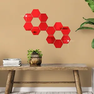 DecorWear 12 Hexagon Mirror Wall Stickers Red Mirror Stickers for Wall Stickers for Wall Size (10.5x12.1) Cm 3D Acrylic Mirror Wall Decor Sticker, Wall Mirror Stickers, Unframed Hexagonal Stickers