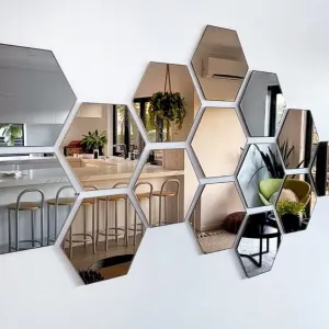DecorWear 15 Hexagon Mirror Silver Plastic Wall Stickers for Wall Size (10.5x12.1) Cm Acrylic Mirror Wall Decor Sticker, Wall Mirror Stickers, Unframed Hexagonal Mirror Wall Sticker(15HexaSilver)
