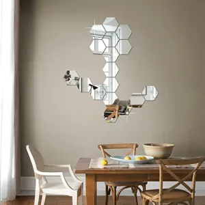 DecorWear 17 Hexagon Mirror Silver Plastic Wall Stickers for Wall Size (10.5x12.1) Cm Acrylic Mirror Wall Decor Sticker, Wall Mirror Stickers, 3D Hexagonal Mirror Wall Sticker (C-17HexaSilver)