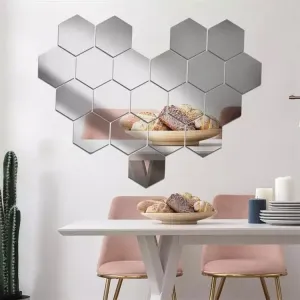DecorWear 20 Hexagon Mirror Silver Plastic Wall Stickers for Wall Size (10.5x12.1) Cm Acrylic Mirror Wall Decor Sticker, Wall Mirror Stickers, 3D Hexagonal Mirror Wall Sticker (J-20HexaSilver)