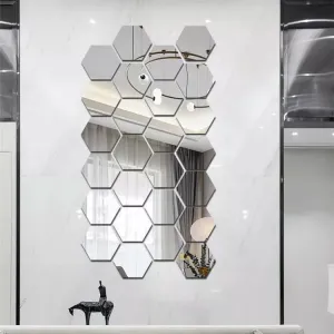 DecorWear 26 Hexagon Mirror Silver Plastic Wall Stickers for Wall Size (10.5x12.1) Cm Acrylic Mirror Wall Decor Sticker, Wall Mirror Stickers, 3D Hexagonal Mirror Wall Sticker (C-26HexaSilver)
