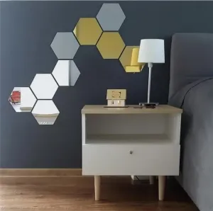 DecorWear 9 Hexagon Mirror Silver Plastic Wall Stickers for Wall Size (10.5x12.1) Cm Acrylic Mirror Wall Decor Sticker, Wall Mirror Stickers, Unframed Hexagonal Mirror Wall Sticker(C-9HexaSilver)