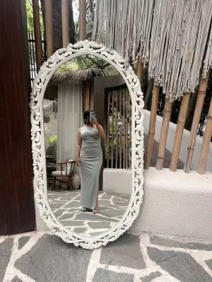 DENCOITRY Wooden Hand Carved Oval Shape Decorative Wall Mirror Frame for Bedroom || Home Decor || White Finish || without Mirror || 60 X 30 inches || Large Size, Wooden Frame