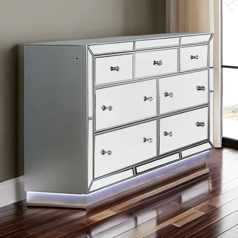 Donna 64 Inch Wide Dresser Chest, LED Lights, Silver and Mirror Finish By Casagear Home
