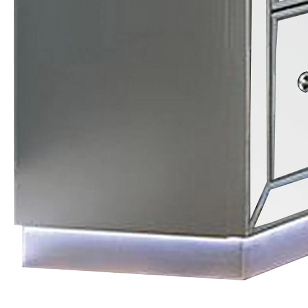 Donna 64 Inch Wide Dresser Chest, LED Lights, Silver and Mirror Finish By Casagear Home