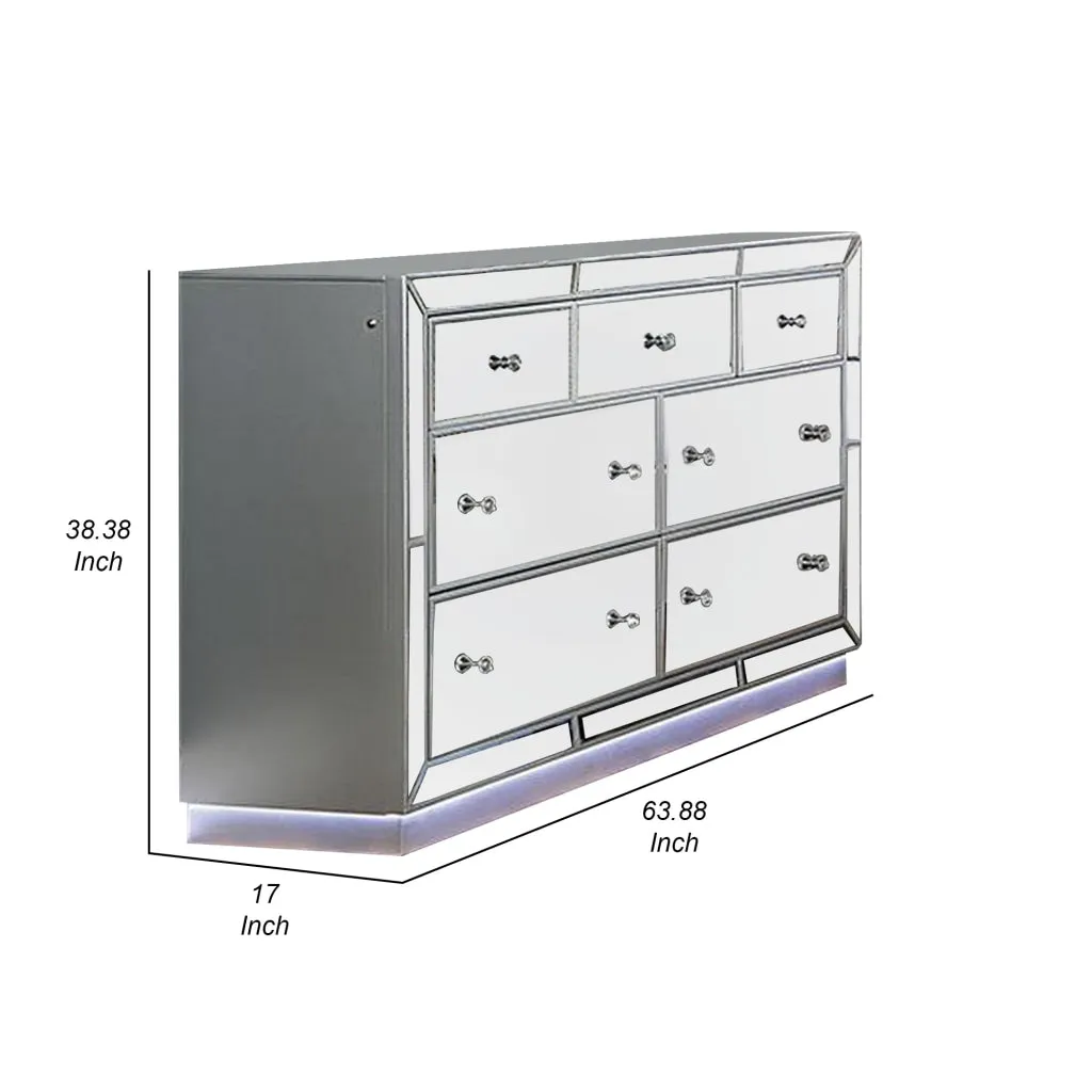 Donna 64 Inch Wide Dresser Chest, LED Lights, Silver and Mirror Finish By Casagear Home