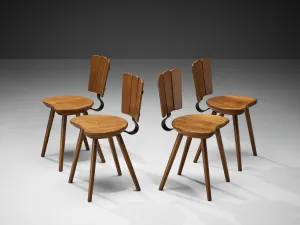 Dutch Set of Four Rustic Dining Chairs in Stained Wood and Cast Iron