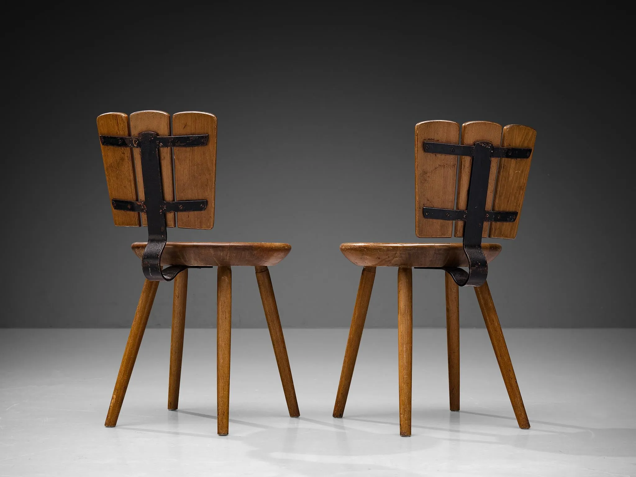 Dutch Set of Four Rustic Dining Chairs in Stained Wood and Cast Iron