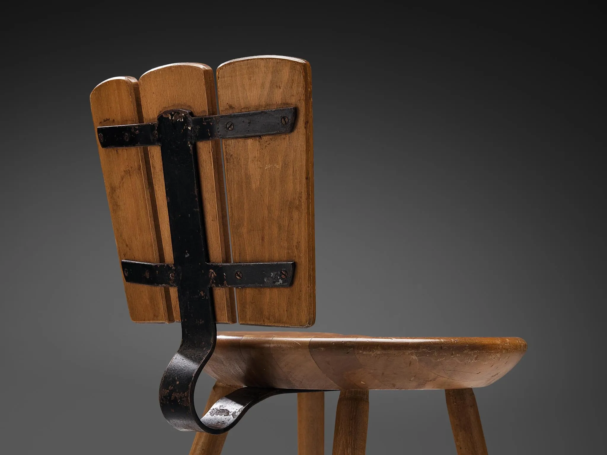 Dutch Set of Four Rustic Dining Chairs in Stained Wood and Cast Iron