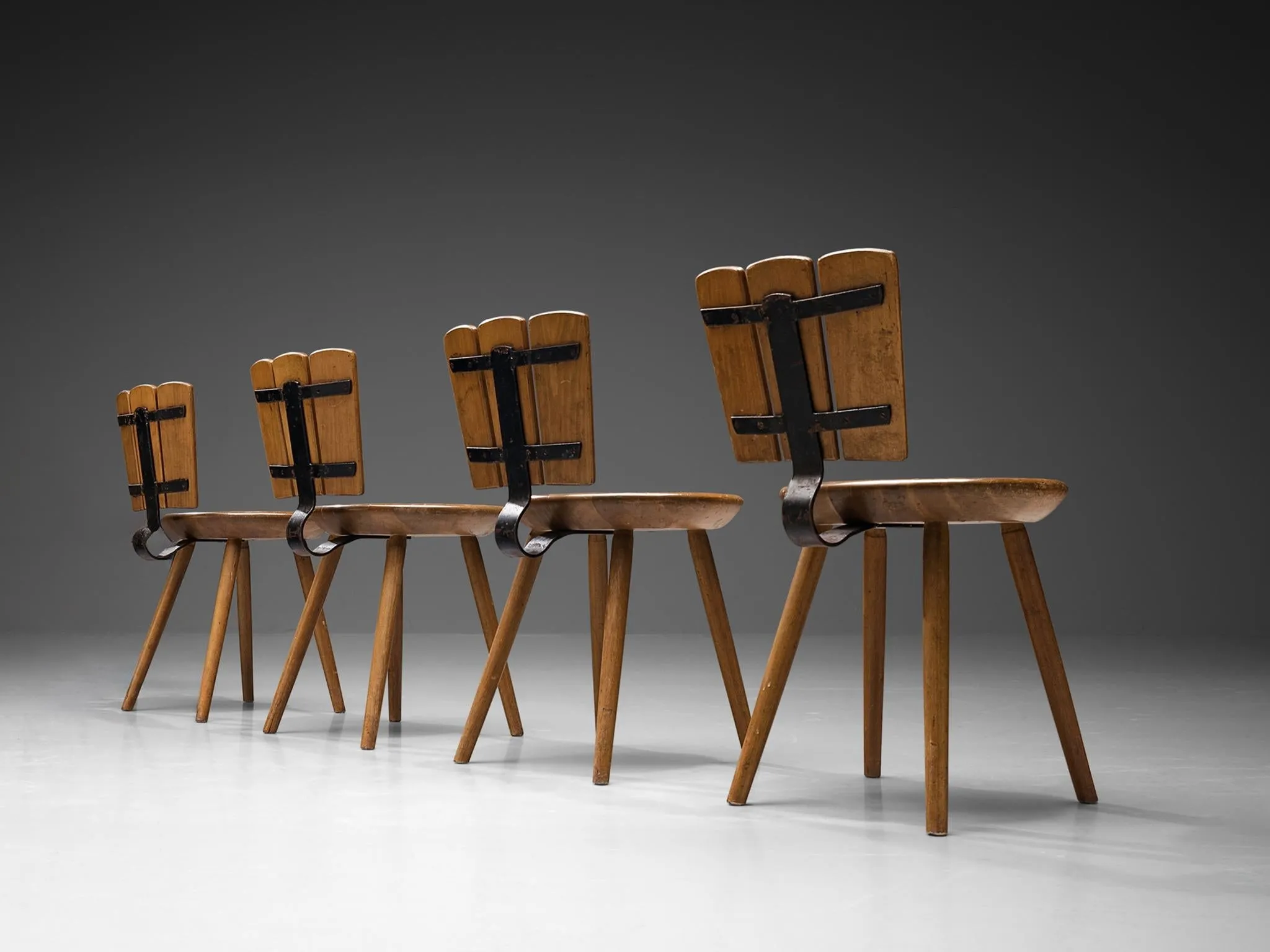 Dutch Set of Four Rustic Dining Chairs in Stained Wood and Cast Iron