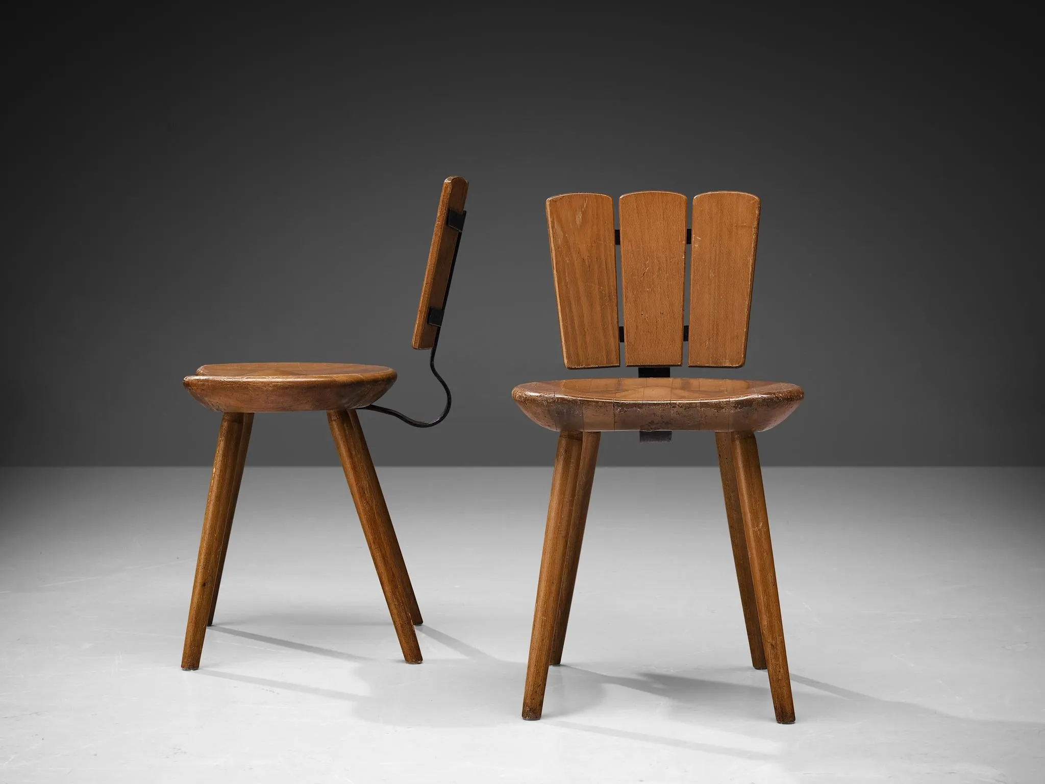 Dutch Set of Four Rustic Dining Chairs in Stained Wood and Cast Iron