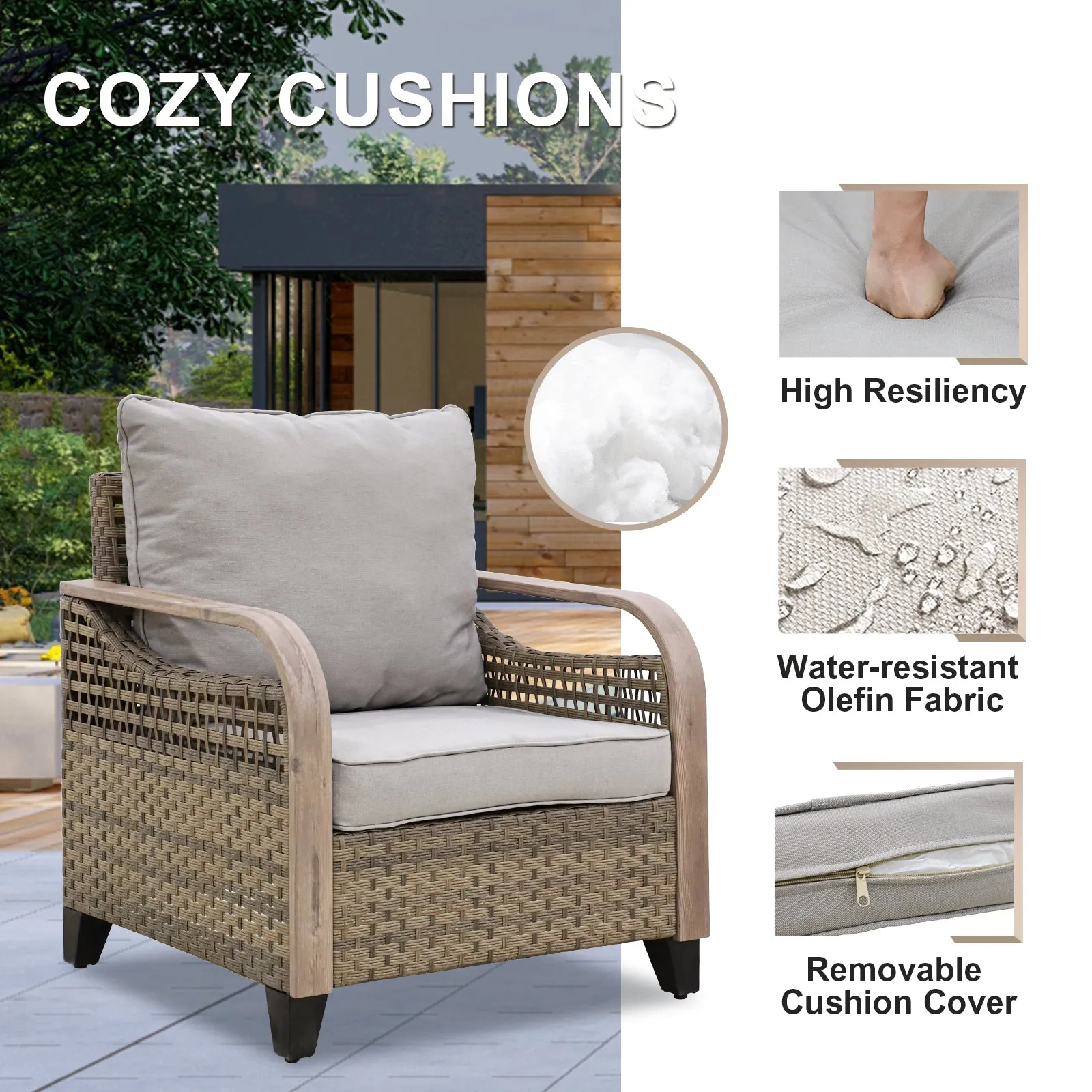 EAGLE PEAK 4 Piece Wicker Outdoor Chairs with Ottomans, Patio Chairs, Deep Seating 4 inch Cushions,  Brown/Gray