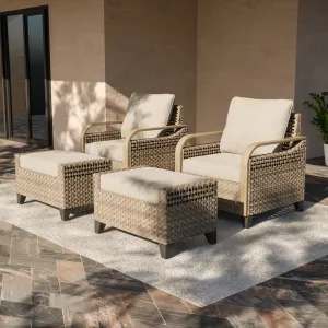 EAGLE PEAK 4 Piece Wicker Outdoor Chairs with Ottomans, Patio Chairs, Deep Seating 4 inch Cushions,  Brown/Gray