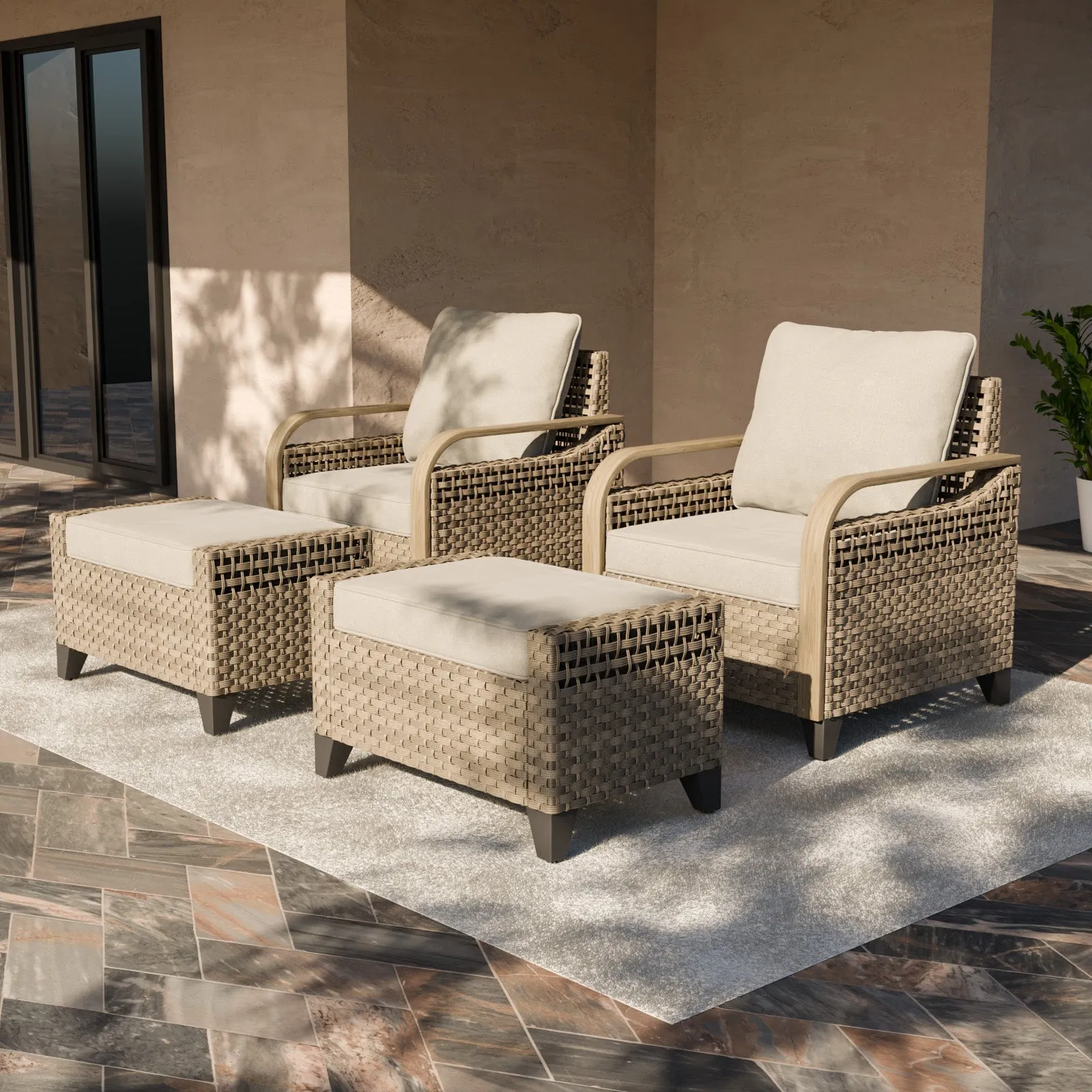 EAGLE PEAK 4 Piece Wicker Outdoor Chairs with Ottomans, Patio Chairs, Deep Seating 4 inch Cushions,  Brown/Gray