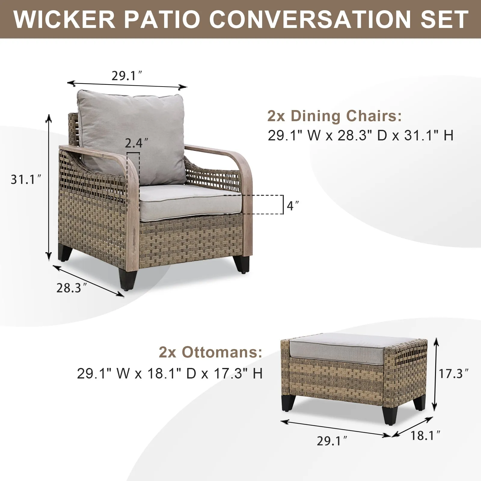 EAGLE PEAK 4 Piece Wicker Outdoor Chairs with Ottomans, Patio Chairs, Deep Seating 4 inch Cushions,  Brown/Gray