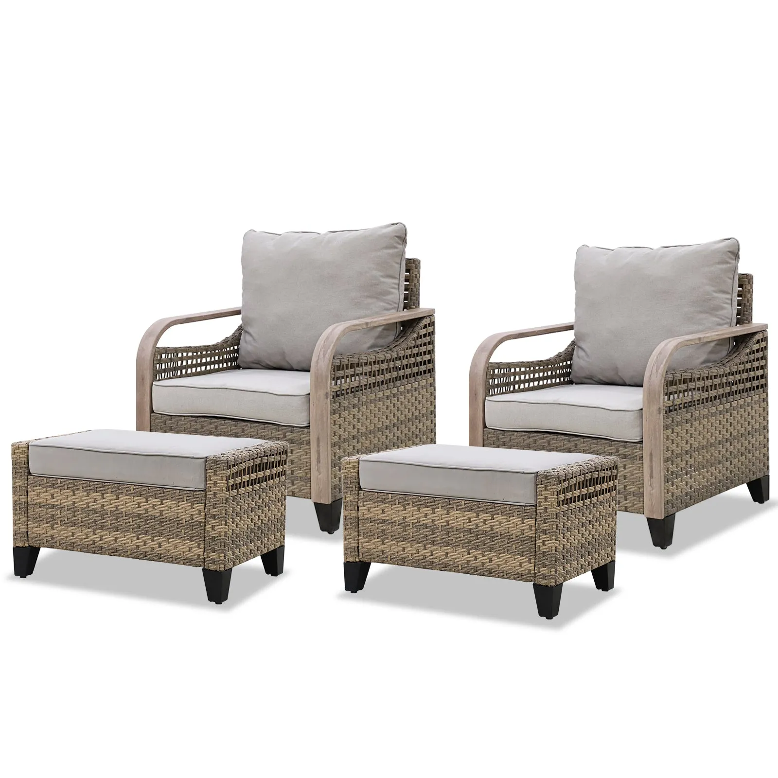 EAGLE PEAK 4 Piece Wicker Outdoor Chairs with Ottomans, Patio Chairs, Deep Seating 4 inch Cushions,  Brown/Gray