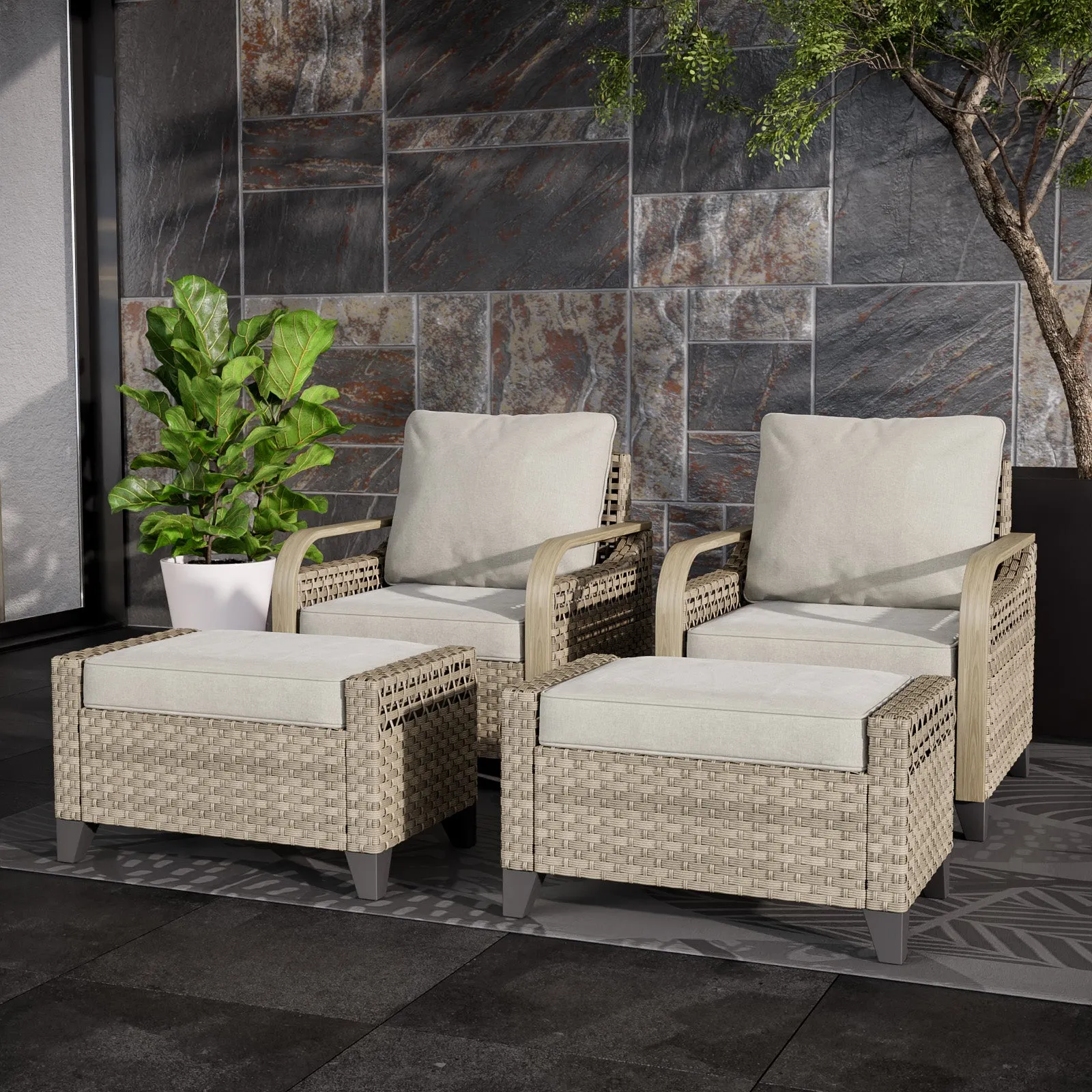 EAGLE PEAK 4 Piece Wicker Outdoor Chairs with Ottomans, Patio Chairs, Deep Seating 4 inch Cushions,  Brown/Gray