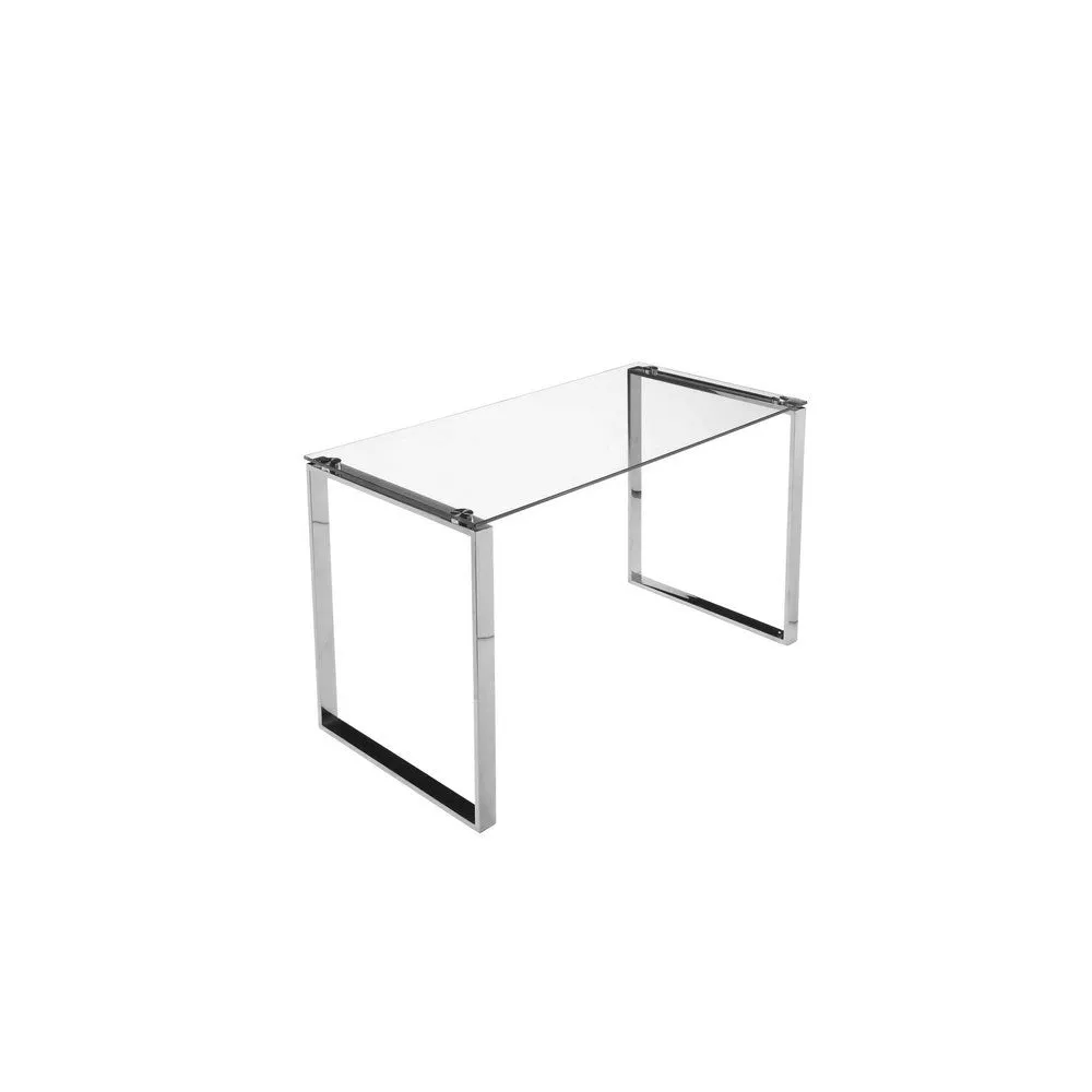 Elen 47 Inch Desk, Rectangular Tempered Glass Top, High Polished Steel By Casagear Home