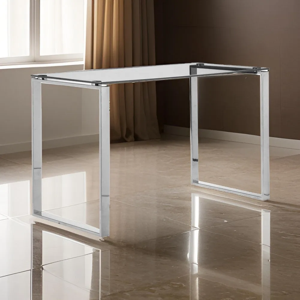 Elen 47 Inch Desk, Rectangular Tempered Glass Top, High Polished Steel By Casagear Home
