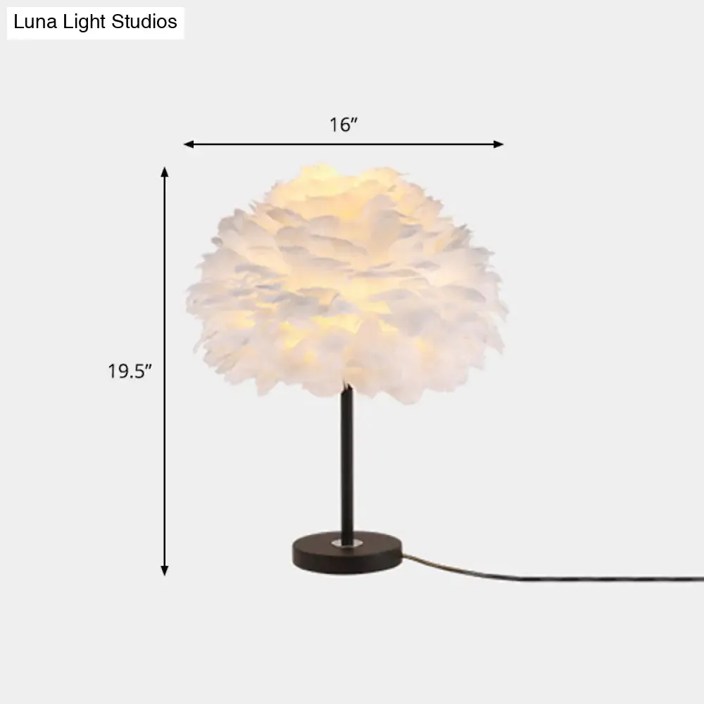 Feather Table Lamp - Hand-Woven Minimalistic Single-Bulb White Nightstand Light for Girls