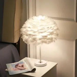 Feather Table Lamp - Hand-Woven Minimalistic Single-Bulb White Nightstand Light for Girls