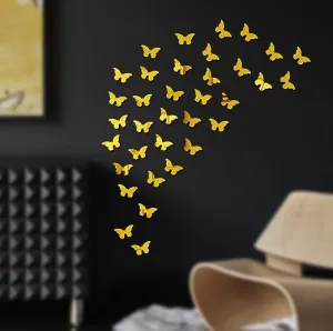 FEEH Butterfly Sticker for Wall | Mirror Butterfly | 3D Sticker for Wall | Golden Mirror for Wall (28 pcs)
