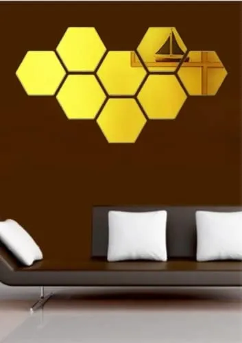 Flashy 8Pcs Wall Mirror ( Free 4pcs Small Acrylic Design with Buying This Pack) 3D Acrylic Hexagon Shape DIY Wall Sticker Decor Self Adhesive