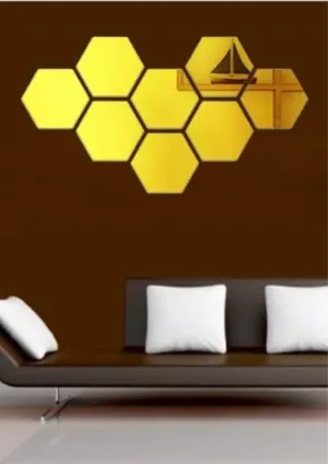 Flashy 8Pcs Wall Mirror ( Free 4pcs Small Acrylic Design with Buying This Pack) 3D Acrylic Hexagon Shape DIY Wall Sticker Decor Self Adhesive