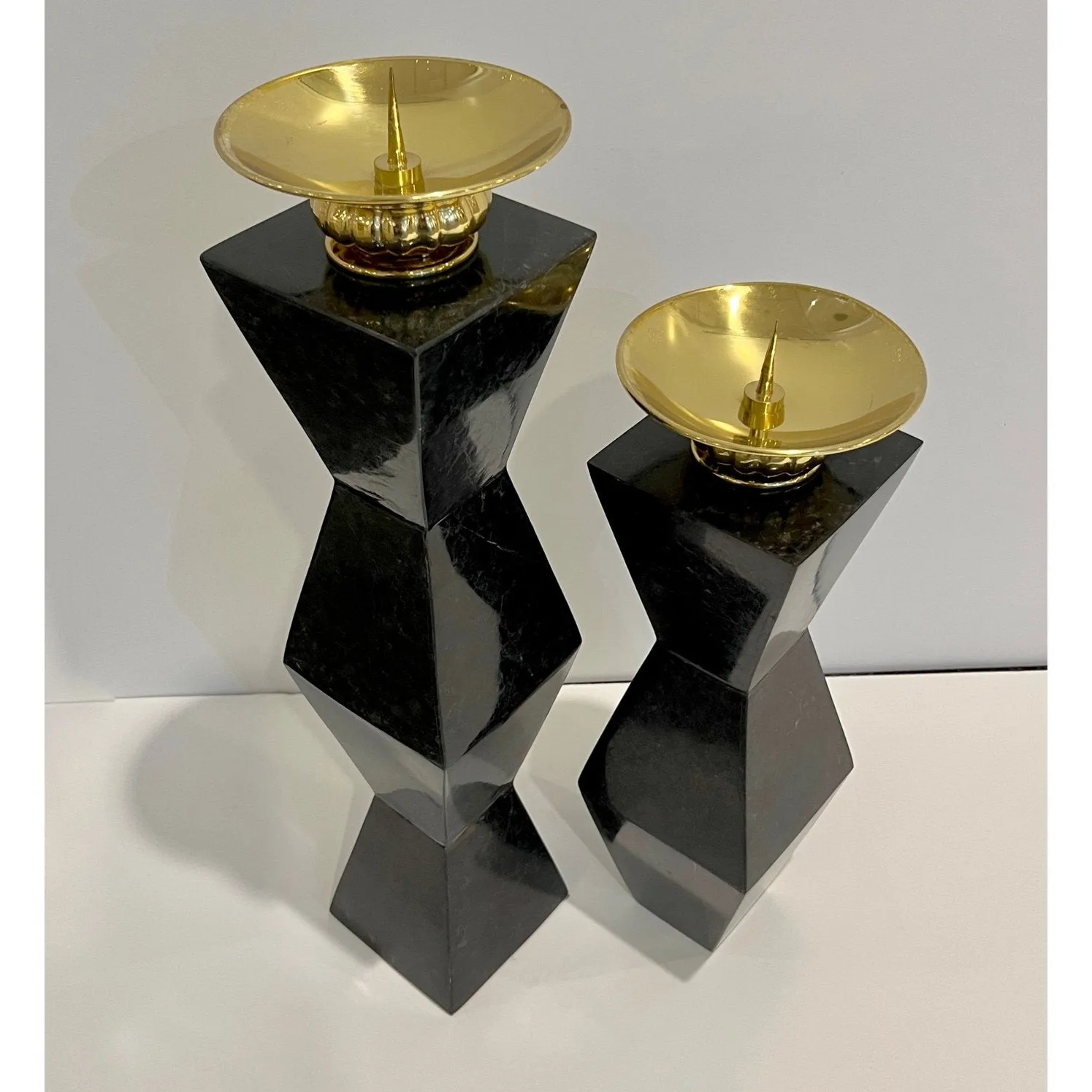 French Vintage Set of 2 Modern Black Lacquer Metal Geometric Cubist Candlesticks