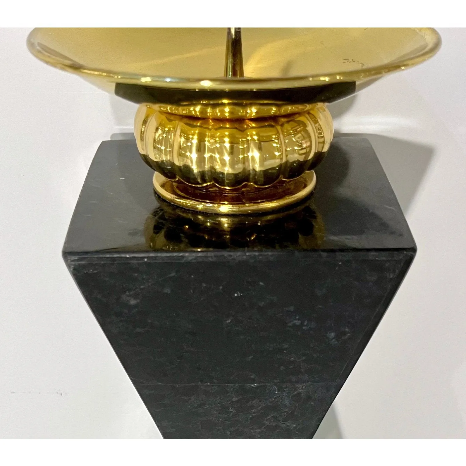 French Vintage Set of 2 Modern Black Lacquer Metal Geometric Cubist Candlesticks