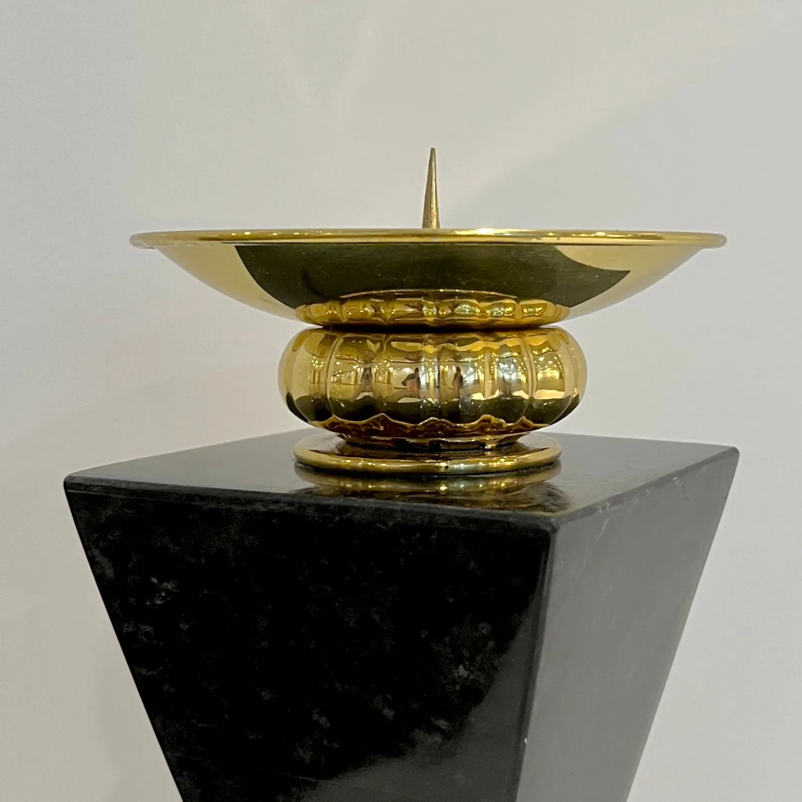 French Vintage Set of 2 Modern Black Lacquer Metal Geometric Cubist Candlesticks