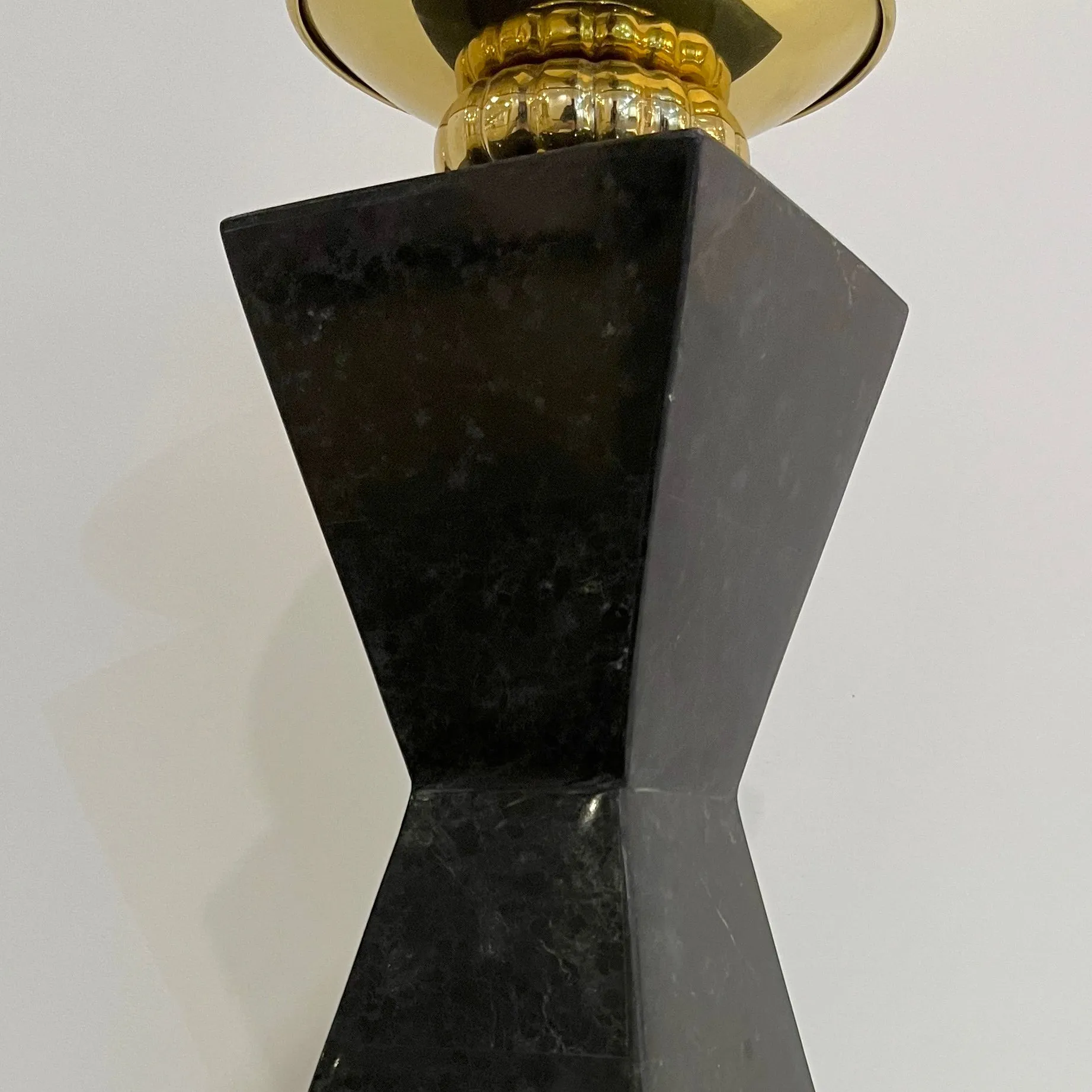 French Vintage Set of 2 Modern Black Lacquer Metal Geometric Cubist Candlesticks