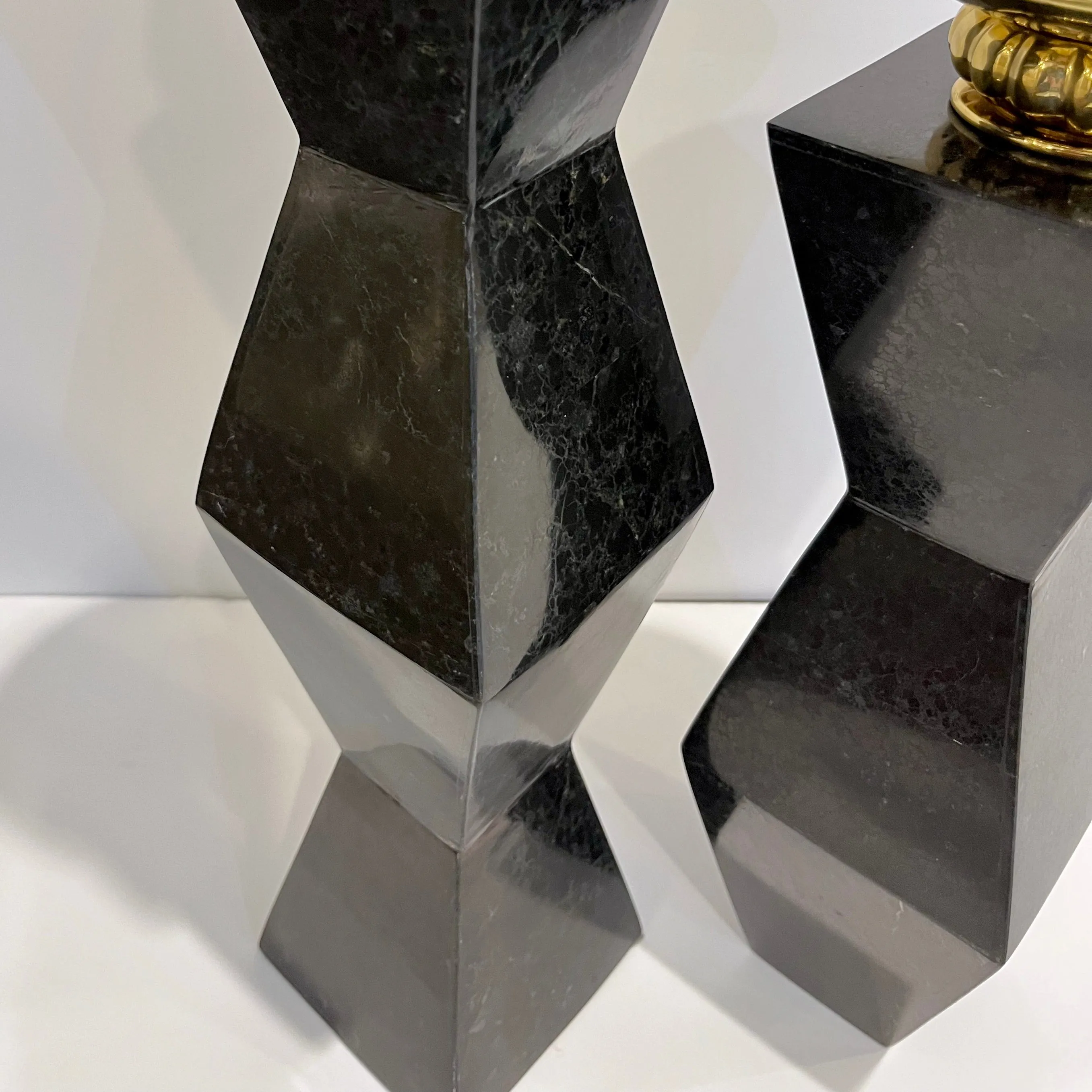 French Vintage Set of 2 Modern Black Lacquer Metal Geometric Cubist Candlesticks