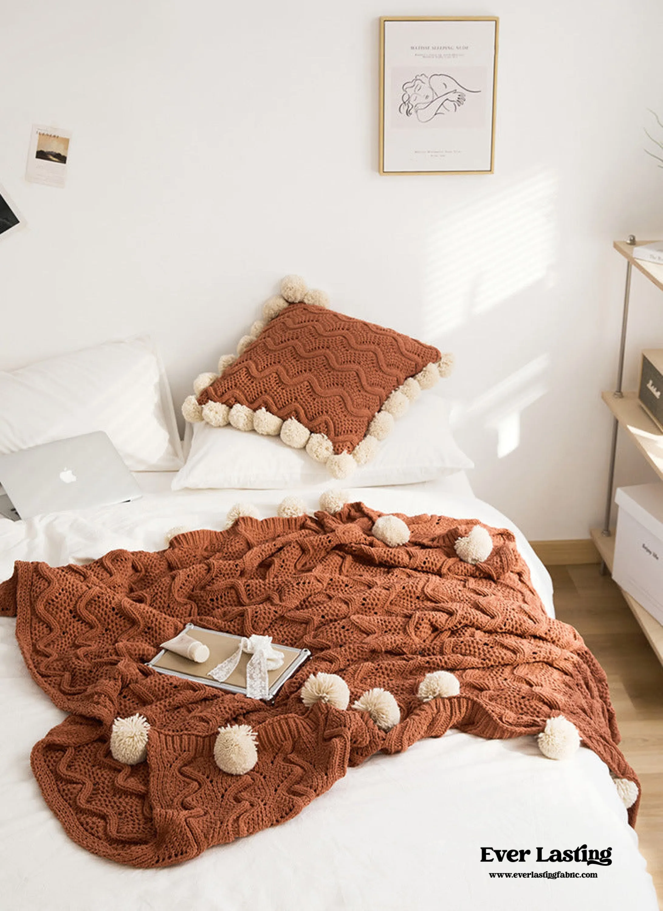 Fuzzy Ball Plush Knit Blanket & Pillow Set / Beige