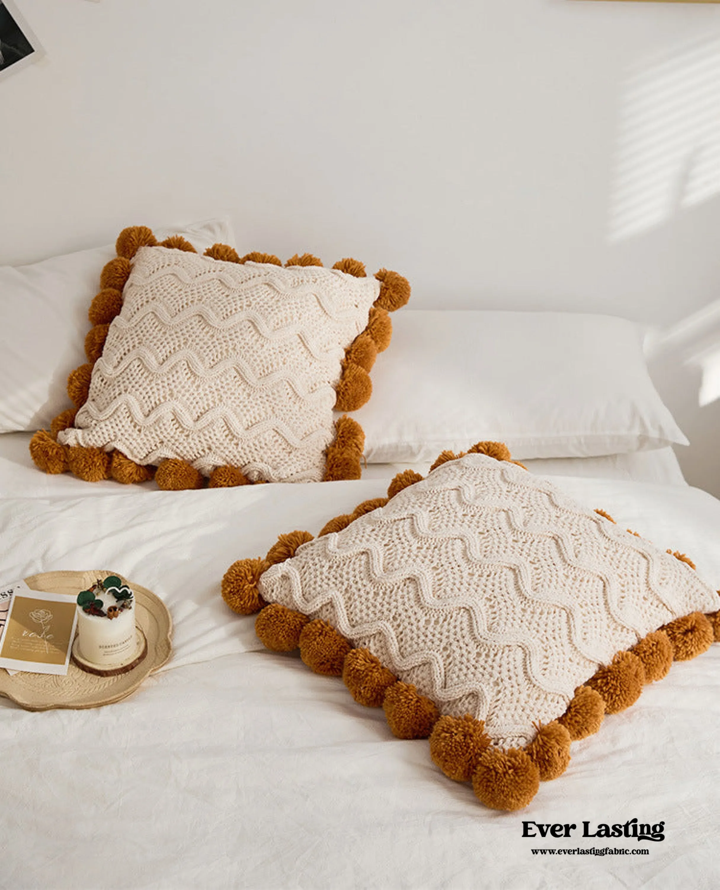 Fuzzy Ball Plush Knit Blanket & Pillow Set / Beige