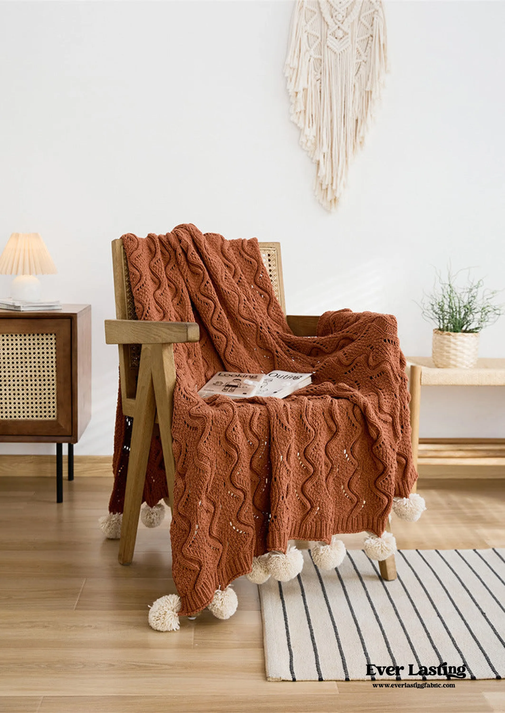 Fuzzy Ball Plush Knit Blanket & Pillow Set / Beige