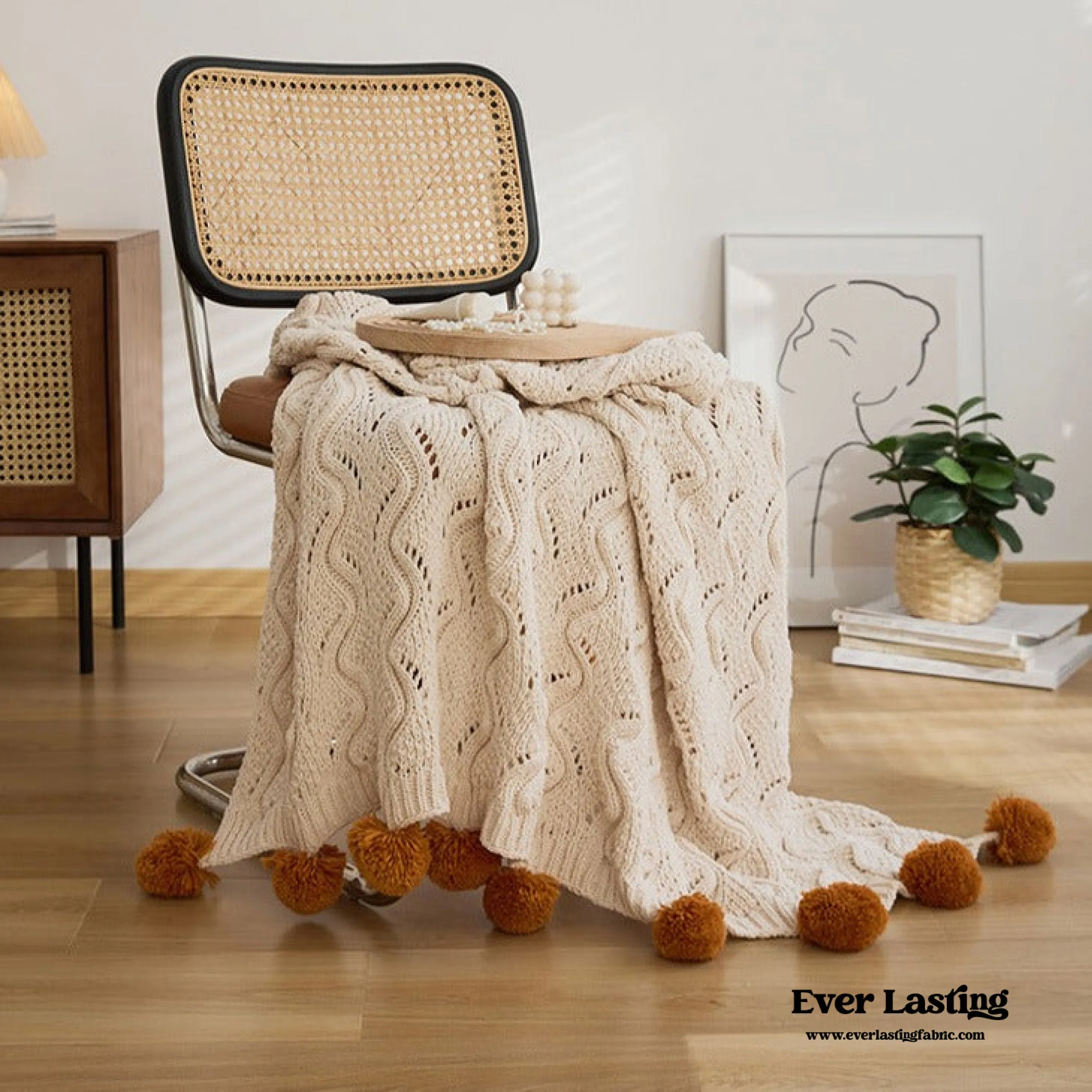 Fuzzy Ball Plush Knit Blanket & Pillow Set / Beige