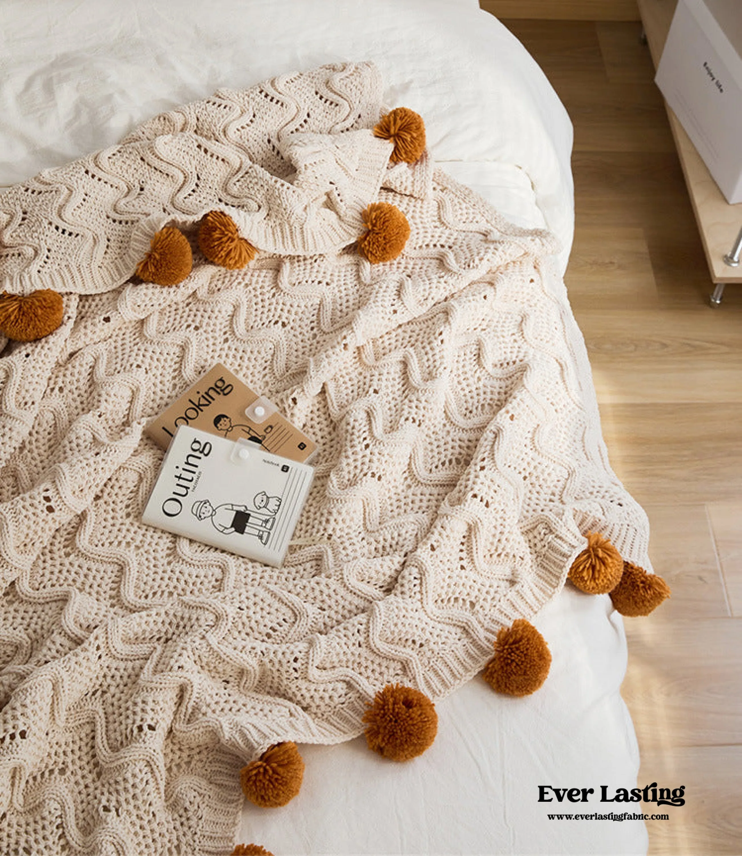 Fuzzy Ball Plush Knit Blanket & Pillow Set / Beige