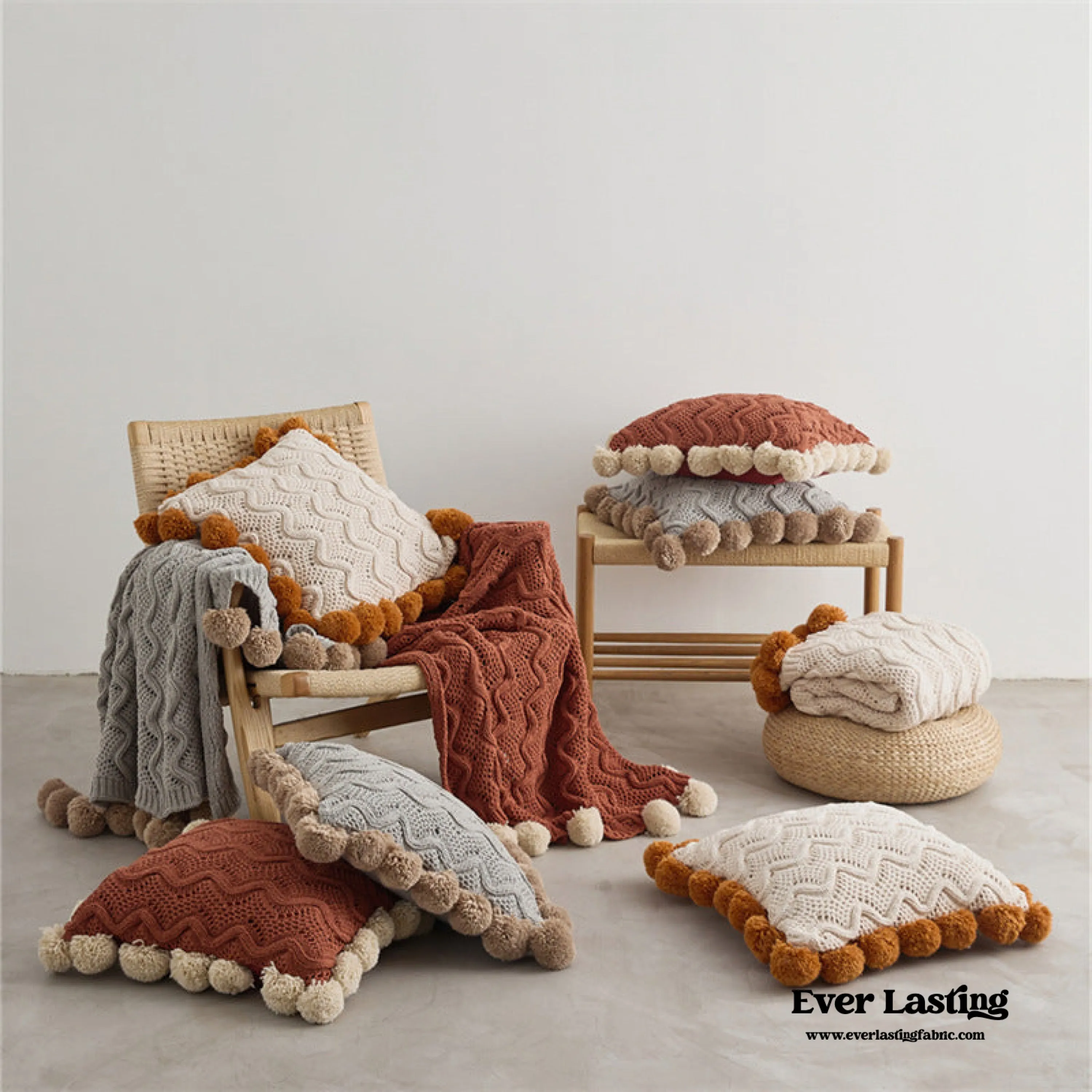 Fuzzy Ball Plush Knit Blanket & Pillow Set / Beige