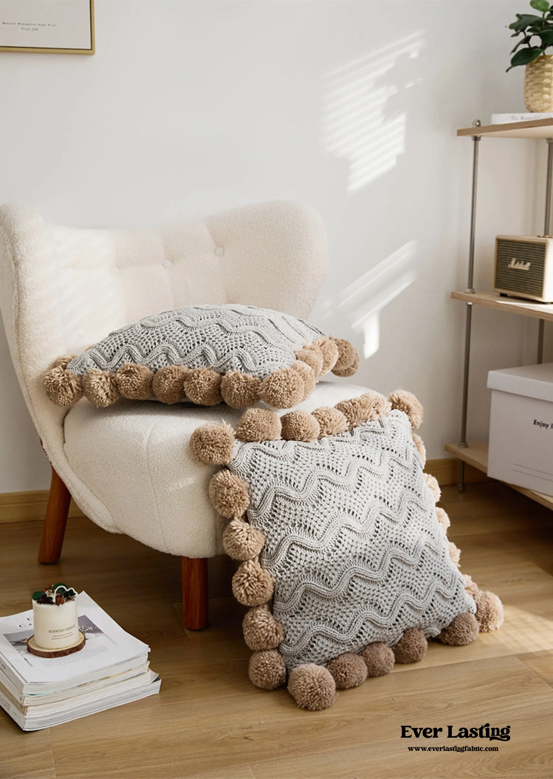 Fuzzy Ball Plush Knit Blanket & Pillow Set / Beige