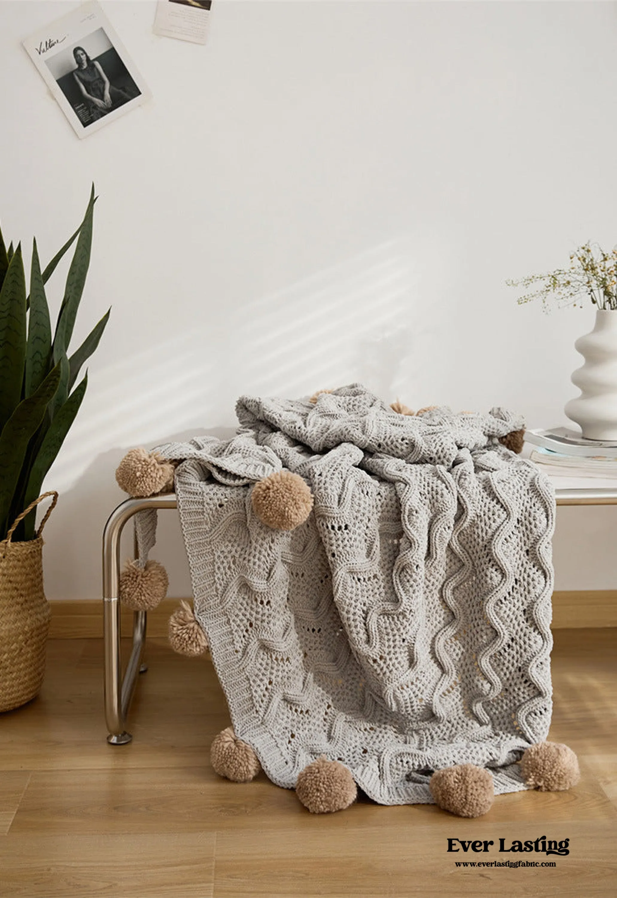Fuzzy Ball Plush Knit Blanket & Pillow Set / Beige