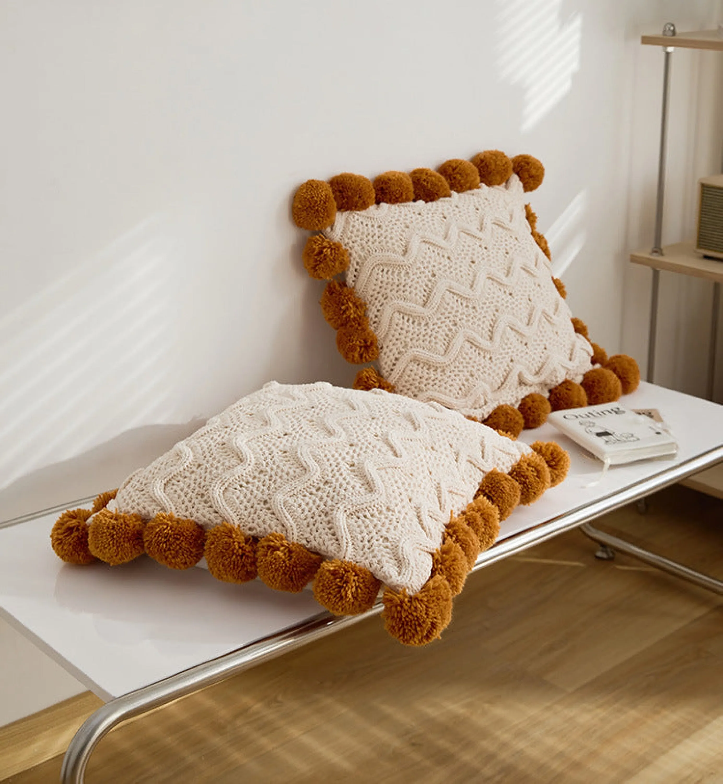 Fuzzy Ball Plush Knit Blanket & Pillow Set / Beige