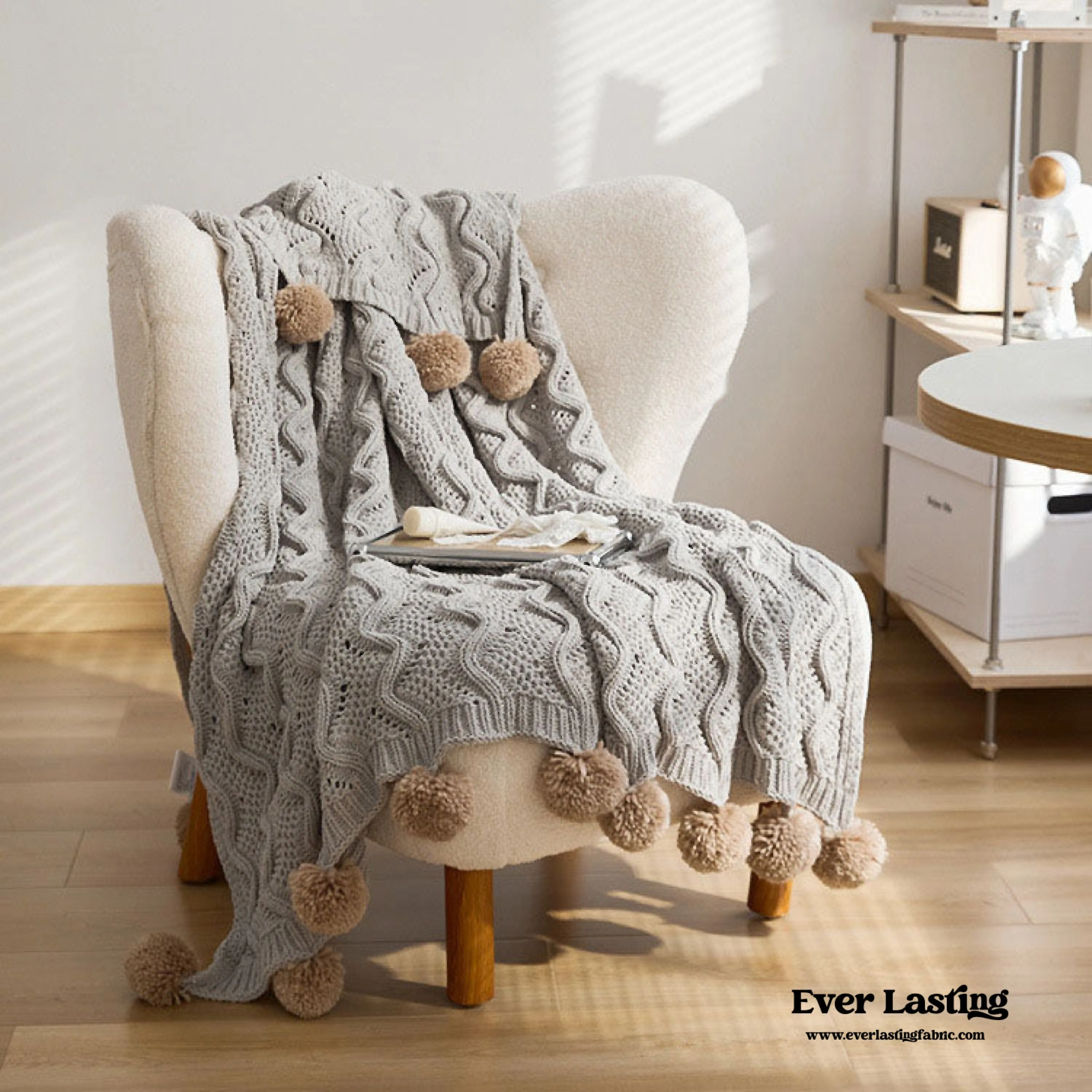 Fuzzy Ball Plush Knit Blanket & Pillow Set / Beige
