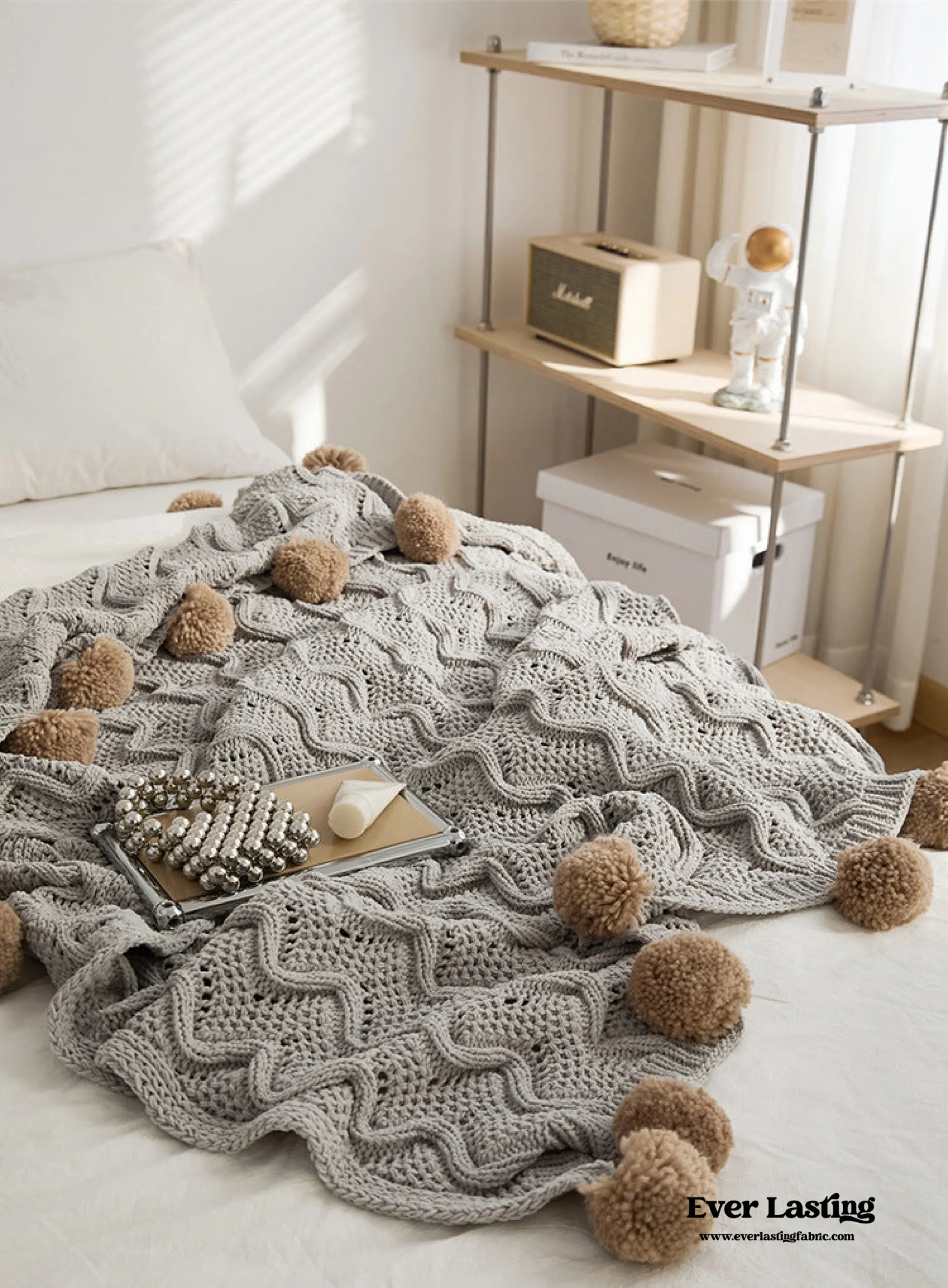 Fuzzy Ball Plush Knit Blanket & Pillow Set / Beige