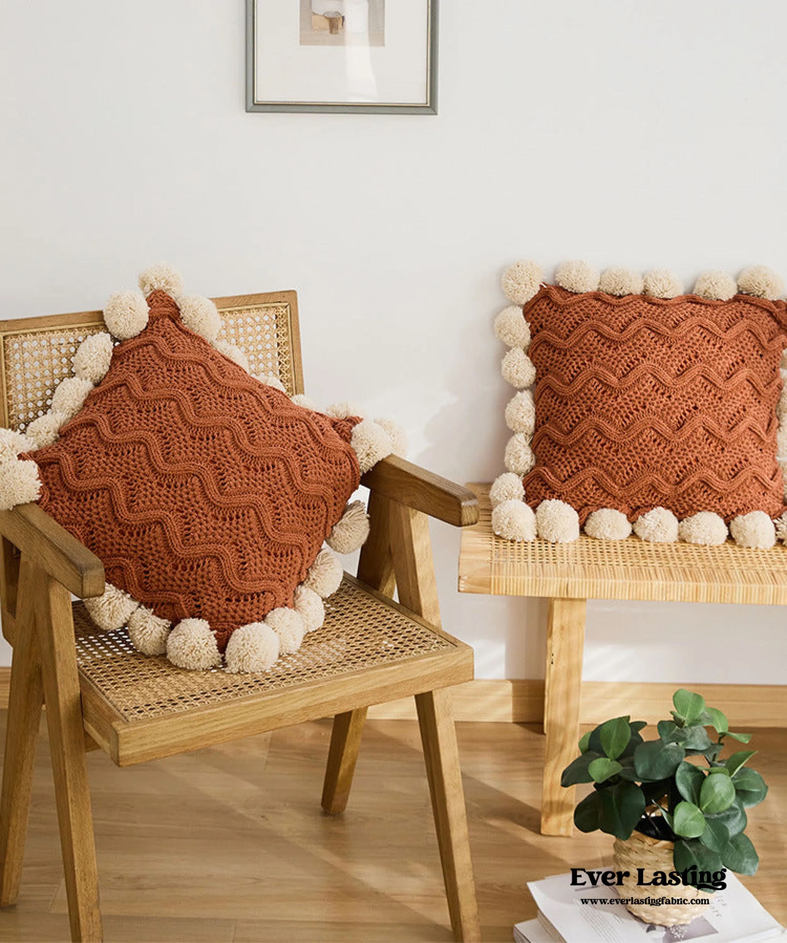 Fuzzy Ball Plush Knit Blanket & Pillow Set / Beige