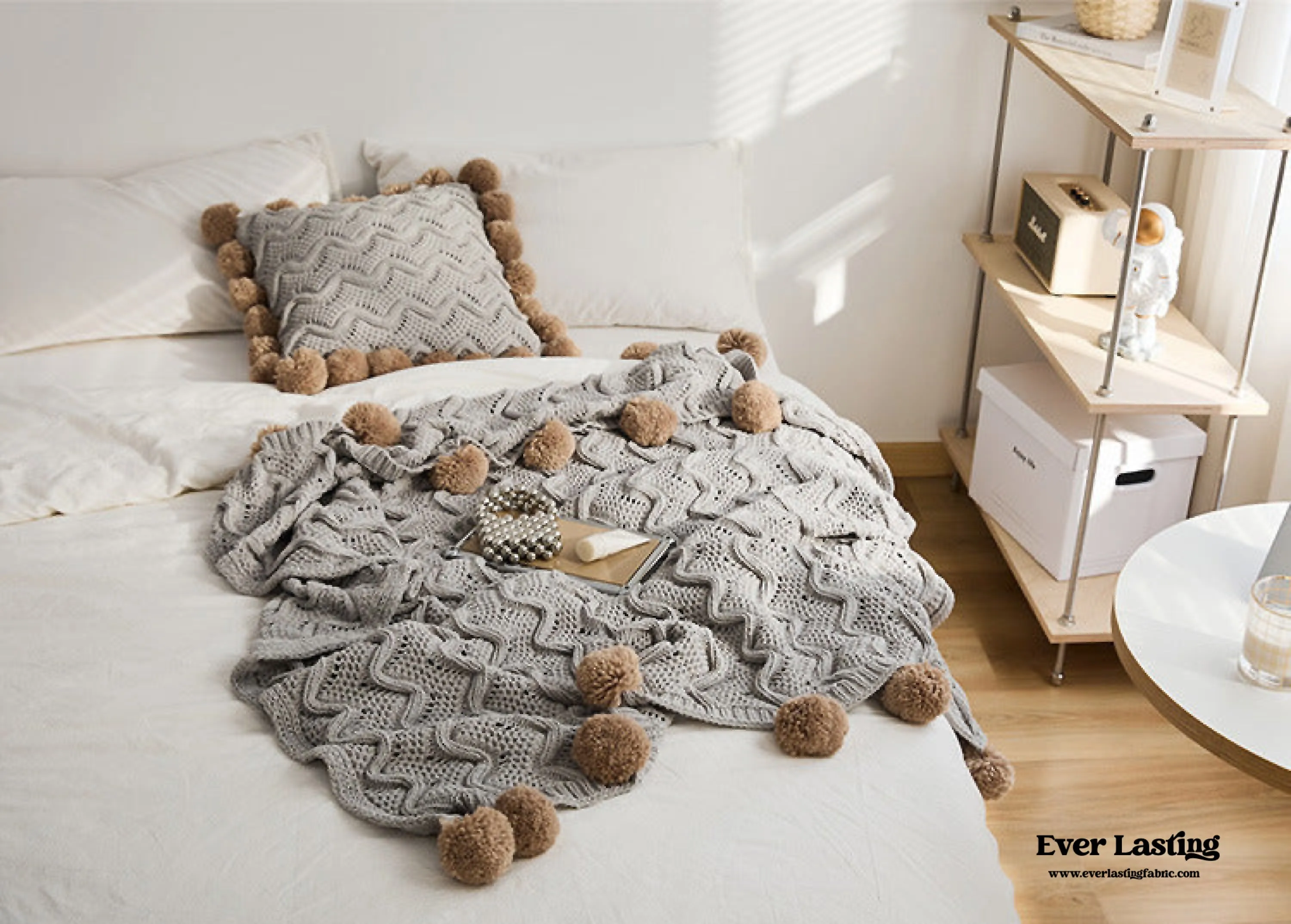 Fuzzy Ball Plush Knit Blanket & Pillow Set / Beige
