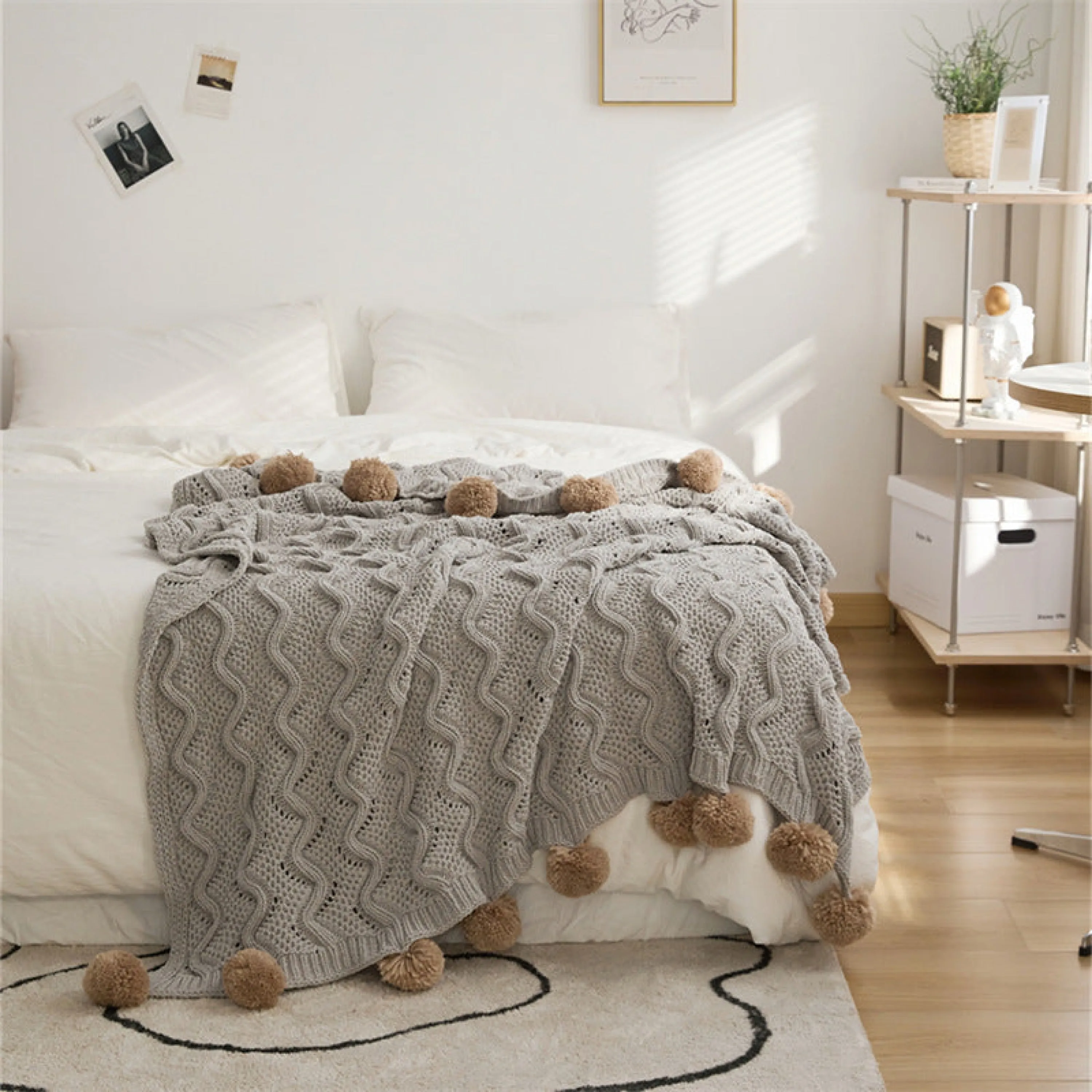 Fuzzy Ball Plush Knit Blanket & Pillow Set / Beige